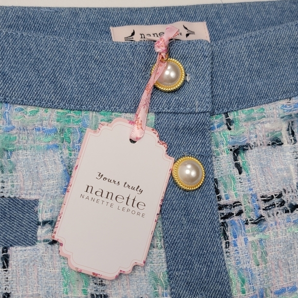 Nanette Lepore Tweed Skirt Women’s Size S Pearl Button Lite Blue Multi Plaid New - Picture 6 of 12